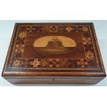 A 19th century French marquetry inlaid hinge lidded rectangular work box, the hinge lid with an oval