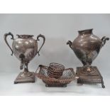 Two silver plated samovars (both AF), together with a silver plated swing handle bread basket and