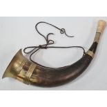 A 19th century Scottish brass mounted hunting horn with ivory mouthpiece and blank cartouche with