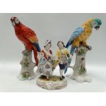 A pair of Sitzendorf porcelain models of parrots upon tree stumps, blue printed marks to the base