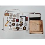 A box of miscellaneous, including royal commemorative medallions, an Isle of Wight miniature