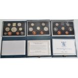 Three modern Royal Mint striking proof sets, one with a face value of £6.88 and dated 1999, the