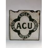 A vintage enamel on metal double sided advertising sign 'ACU AUTO CYCLE UNION HOTEL', 51 x 51cm.