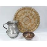 A middle eastern brass silver and copper inlaid bowl with Islamic script, diameter 12cm, together