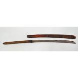 A Burmese dha sword with curved blade, string woven hilt and bamboo scabbard, length overall 80cm.