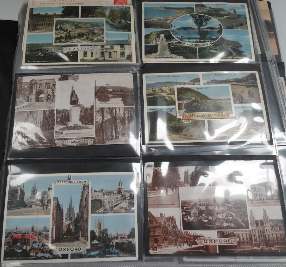 A postcard album containing a quantity of mailing and view novelty postcards, mainly topographical