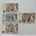 Three Series C £10 notes, designed by J.B. Page, together with a Series C £5 note by Fforde.