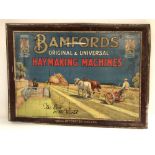 A George V printed metal embossed advertising sign 'BAMFORDS' ORIGINAL AND UNIVERSAL HAY MAKING
