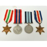 Four unattributed WWII medals, The Italy Star, The France and Germany Star, India 1939-45 and 1939-