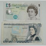 A Lowther five pound note, together with a Somerset five pound note (2).