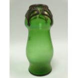 An Art Nouveau Loetz style green iridescent glass pewter mounted vase, height 16cm.