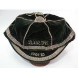 A 1920s velvet and metal thread embroidered sport's cap, the front of the cap with initials B.S.R.