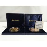 Two gold plated silver proof limited edition 5oz coins, both dated 2002, with certificates and in