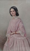 19th Century British School Portrait Of A Lady in Pink Dress Watercolour 38 x 23.5cm