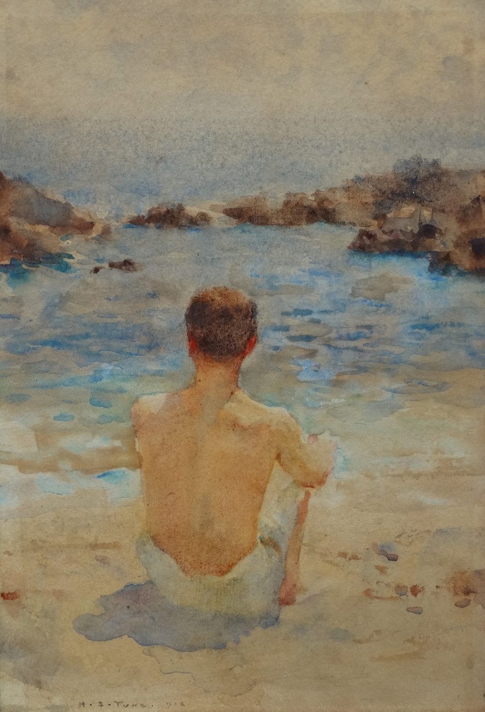 HENRY SCOTT TUKE (1858-1929) Bather By The Sea Watercolour Signed and dated 1918 24.5 x 17cm The