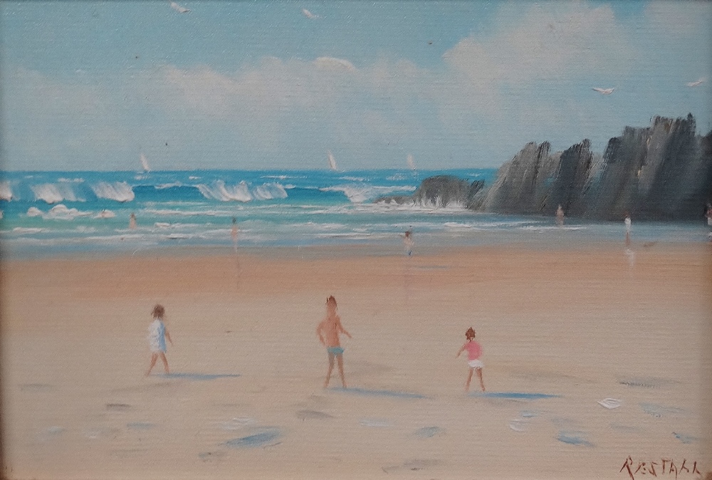 SIDNEY RESTALL (20th Century British) Pair of beach scenes with figures Oil on board Both signed - Image 2 of 2