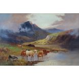 CHARLES W. OSWALD (19th Century British) Cattle In A Highland Lake Landscape A pair of oils on board