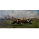 J. WOOG 19th Century British Pair of Horse Racing Scenes Oil on board Both signed Each 14 x 30.5cm