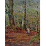 F. GAYE Lady On A Woodland Lane Watercolour Signed 33 x 25cm