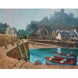 KEN SYMONDS (1927-2010) St Michael's Mount Oil on board Signed, inscribed and dated 1982 to verso