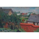 CONSTANCE PARISH (BUCHANAN) (1908-2001) Grazing Amongst Village Houses Oil on canvas laid down