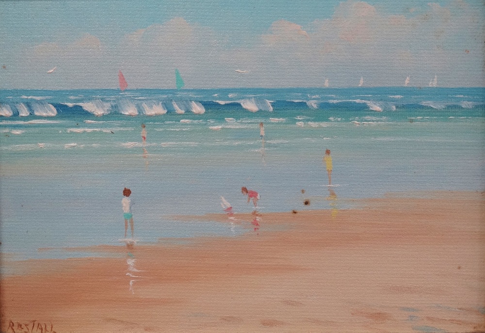 SIDNEY RESTALL (20th Century British) Pair of beach scenes with figures Oil on board Both signed