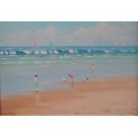 SIDNEY RESTALL (20th Century British) Pair of beach scenes with figures Oil on board Both signed