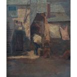 Early 20th Century St Ives School Three Fisherman In A Courtyard Oil on canvas Signed Maynard 54 x