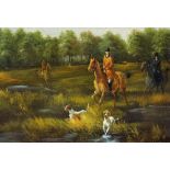 R. STONE Hunting Scene Oil on panel Signed 12 x 17cm