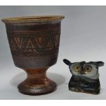 MARY RICH (b.1940) A stoneware goblet (AF) Height 14.5cm Together with a ceramic owl Height 6cm