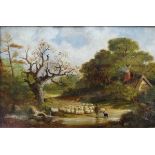 19th Century English School A Shepherd and his Flock Oil on canvas Indistinctly signed 29 x 44cm