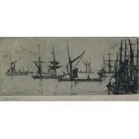 EDGAR WILSON (1861-1918) Thames With Barges, A Brig And Other Craft Etching Signed 7.5 x 18.5cm