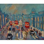 MICHAEL QUIRKE (b.1946) Evening London Street Scene Acrylic on canvas Monogrammed 50 x 60cm