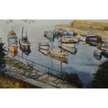 GEOFFREY HUBAND (b.1945) Old Harbour Newlyn Oil on canvas Signed 49 x 75cm
