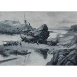 G HAWLEY (20th Century British) Refitting The Pelican Oil on board, grisaille Signed 31 x 45cm