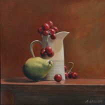 ANDREW SKELTON Still Life of A Jug, Grapes and Pear Acrylic on canvas 30 x 30cm