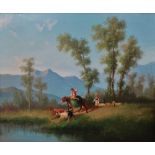 19th Century Continental School Boy And Girl With A Donkey And Goat Within A Mountainous Landscape