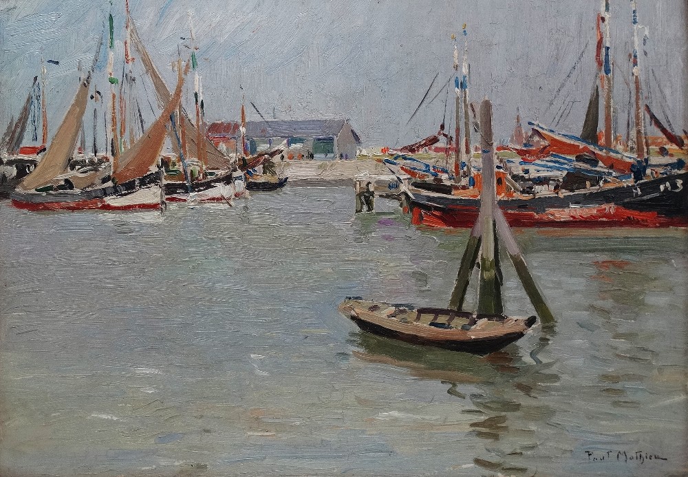 PAUL MATHIEU (1872-1932) Bateaux Amares Oil on board Signed Labels and studio stamp to verso 38 x