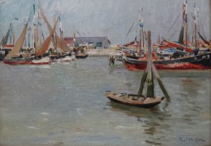 PAUL MATHIEU (1872-1932) Bateaux Amares Oil on board Signed Labels and studio stamp to verso 38 x