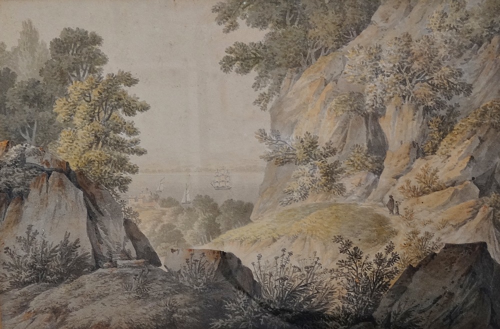 18th Century British School A pair of coastal watercolour landscapes with shipping and figures