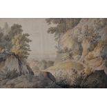 18th Century British School A pair of coastal watercolour landscapes with shipping and figures