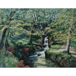 MARGARET WOOLTORTON (20th Century British) A Wooded Cascade Stream Oil on board Signed 53 x 68cm