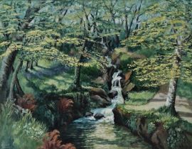MARGARET WOOLTORTON (20th Century British) A Wooded Cascade Stream Oil on board Signed 53 x 68cm