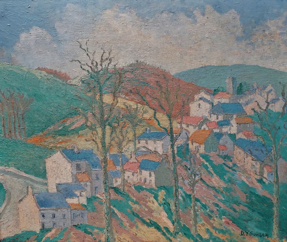 DONALD SOWDEN (20th Century British) A Hillside Village Oil on board Signed 49 x 59cm