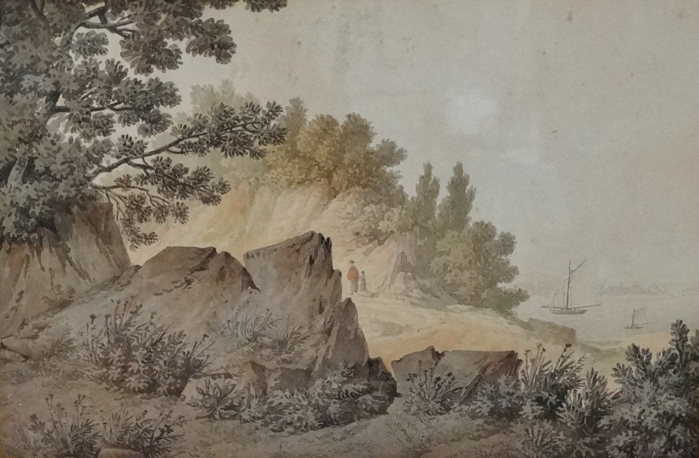 18th Century British School A pair of coastal watercolour landscapes with shipping and figures - Image 2 of 2