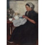 19th Century British School Elderly Woman Sewing At Her Tea Table Oil on canvas 64 x 46cm