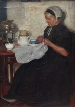 19th Century British School Elderly Woman Sewing At Her Tea Table Oil on canvas 64 x 46cm