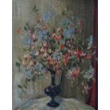 MARION GRACE HOCKEN (1923-1987) Fuschias In A Blue Glass Vase Oil on canvas Signed 60 x 50cm