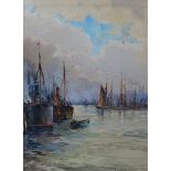 FREDERICK WILLIAM SCARBOROUGH (1860-1939) Shipping On The Thames Watercolour Signed 36.5 x 26.5cm