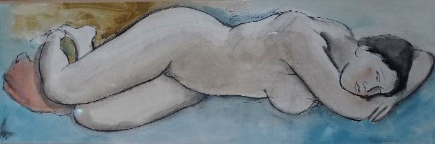 BERNARD MENINSKY (1891-1950) Sleeping Nude Ink and watercolour Signed Blonde Fine Art Ltd label to